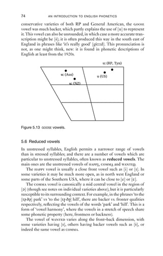 VOWELS                             73

Australia and New Zealand, the strut vowel is even more open, and is
transcribed with [ɐ], an open central vowel.


                                                 (Tyn)
                                                 (Tyn)




                                             (US, RP)

                                              (Aus, NZ)


Figure 5.11   STRUT    vowels.

The FACE vowel
The face vowel is very variable in English, ranging through diphthongs
(mostly rising towards [i] or [e] from open vowels like [æ] or [a]) to
monophthongs in the [e] region. Again, this diversity partly reﬂects
the history of the vowel. In Figure 5.12, diphthongs are marked with an
arrow; the dot marks the start of a diphthong and the arrow-head marks
the end.




              e (US)
                   )
              e (Tyn)

                 e (RP)


                                   æe (NZ)

                                 æi (Aus)
                                  i

Figure 5.12   FACE   vowels.

The GOOSE vowel
The goose vowel is often very front in modern English, especially
following alveolar consonants like [s t]; some transcription systems
represent this through use of the symbol [ ]. However, in older, more
 