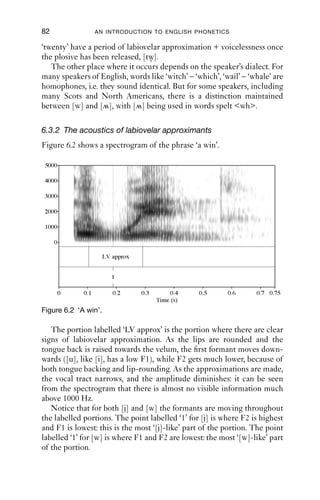 APPROXIMANTS                               81

The portion labelled ‘PAL approx’ is part of the spectrogram where the
palatal approximation is clearly visible on the spectrogram. Notice the
voicing throughout, seen in the vertical striations that continue through-
out the marked segment.

6.3 A doubly articulated sound: the labiovelar approximant [w]
The labiovelar approximant [w] is closely related to the cardinal
vowel [u]. Just as many phoneticians and phonologists treat [j] as the
consonantal equivalent of [i], so they also treat [w] as the consonantal
equivalent of [u].
    For [w], there were two articulations with the same degree of stric-
ture, and we say that [w] is a double articulation: open approximation
at (1) the lips, (2) the tongue back at the velum. The tongue back is raised
up to the soft palate (i.e. the velum) in a stricture of open approximation.
At the same time, the lips are closely rounded, but not so close as to
produce friction noise: in other words, there is a second stricture of open
approximation, at the lips. The velum is raised, so air does not escape
through the nose. The vocal folds are vibrating, so there is voicing.
    The labiovelar approximant shares its articulatory features with
cardinal vowel 8, [u]. Produce CV8 and hold it: [u ]. Now make
another vowel sound such as [ɑ ], and alternate the two sounds.
Gradually make the [u] sound shorter, until it is extremely short, and
you will end up with something like [wɑ wɑ ]. The labiovelar
approximant can be thought of as a very short, non-syllabic version
of [u].
    If you look at the ‘approximants’ row on the IPA chart, you will see
that there is no place for [w], unlike [j]. This is because [j] has only one
constriction, which is the tongue body at the soft palate, so [j] appears in
the column headed ‘palatal’. [w], as a doubly articulated sound, has two
places of articulation, a circumstance that does not ﬁt neatly on the IPA
chart.

6.3.1 Labiovelarity and voicelessness
Just as [j] has a voiceless counterpart, so does [w]. This sound can be
transcribed as [w] or [ ]. As for [j], there is friction for this sound, but
the audible friction is generated at the lips.
   The combination of tongue-back raising + lip-rounding + voiceless-
ness occurs in two main places in English. The ﬁrst is parallel to
the places where voicelessness + palatality + approximation occur, in
clusters with voiceless consonants. So for instance, words like ‘twin’ or
 