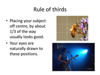 CompositionGetting the technical things right with photography is trivial, but getting nice looking pictures isn’t!Some rules that you can follow when it comes to composition, but rules are there to be broken! So don’t follow it blindly....Subject bang in the middle usually doesn’t look good though!