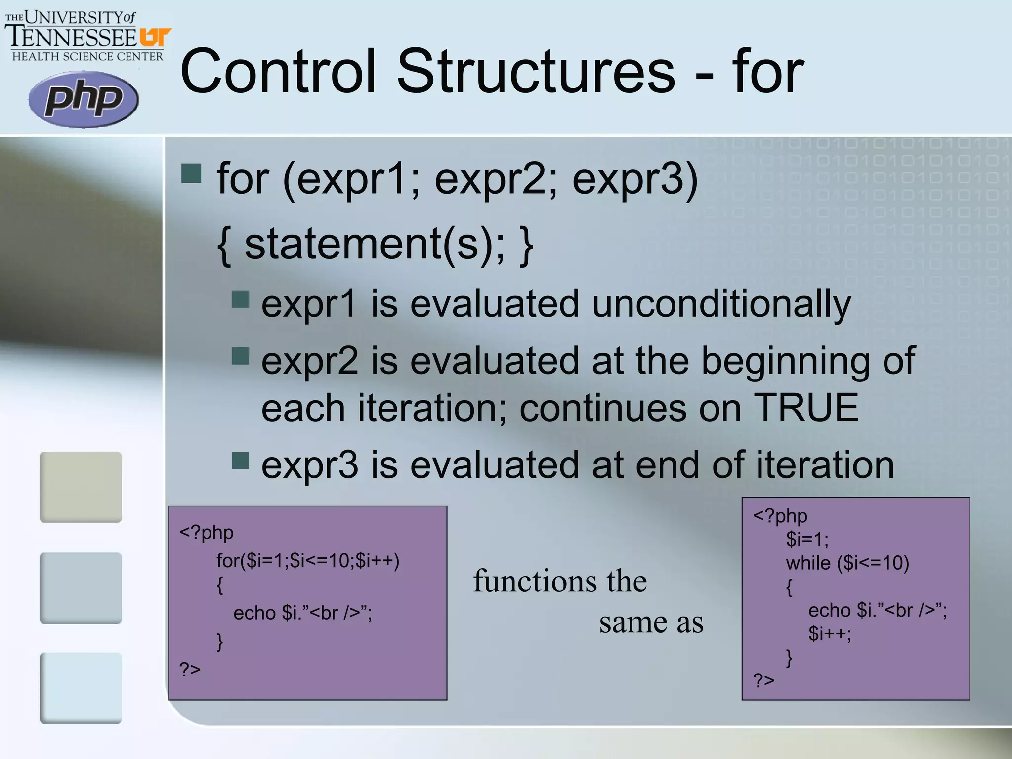  for (expr1; expr2; expr3)
{ statement(s); }
 expr1 is evaluated unconditionally
 expr2 is evaluated at the beginning of
each iteration; continues on TRUE
 expr3 is evaluated at end of iteration
<?php
for($i=1;$i<=10;$i++)
{
echo $i.”<br />”;
}
?>
Control Structures - for
<?php
$i=1;
while ($i<=10)
{
echo $i.”<br />”;
$i++;
}
?>
functions the
same as
 