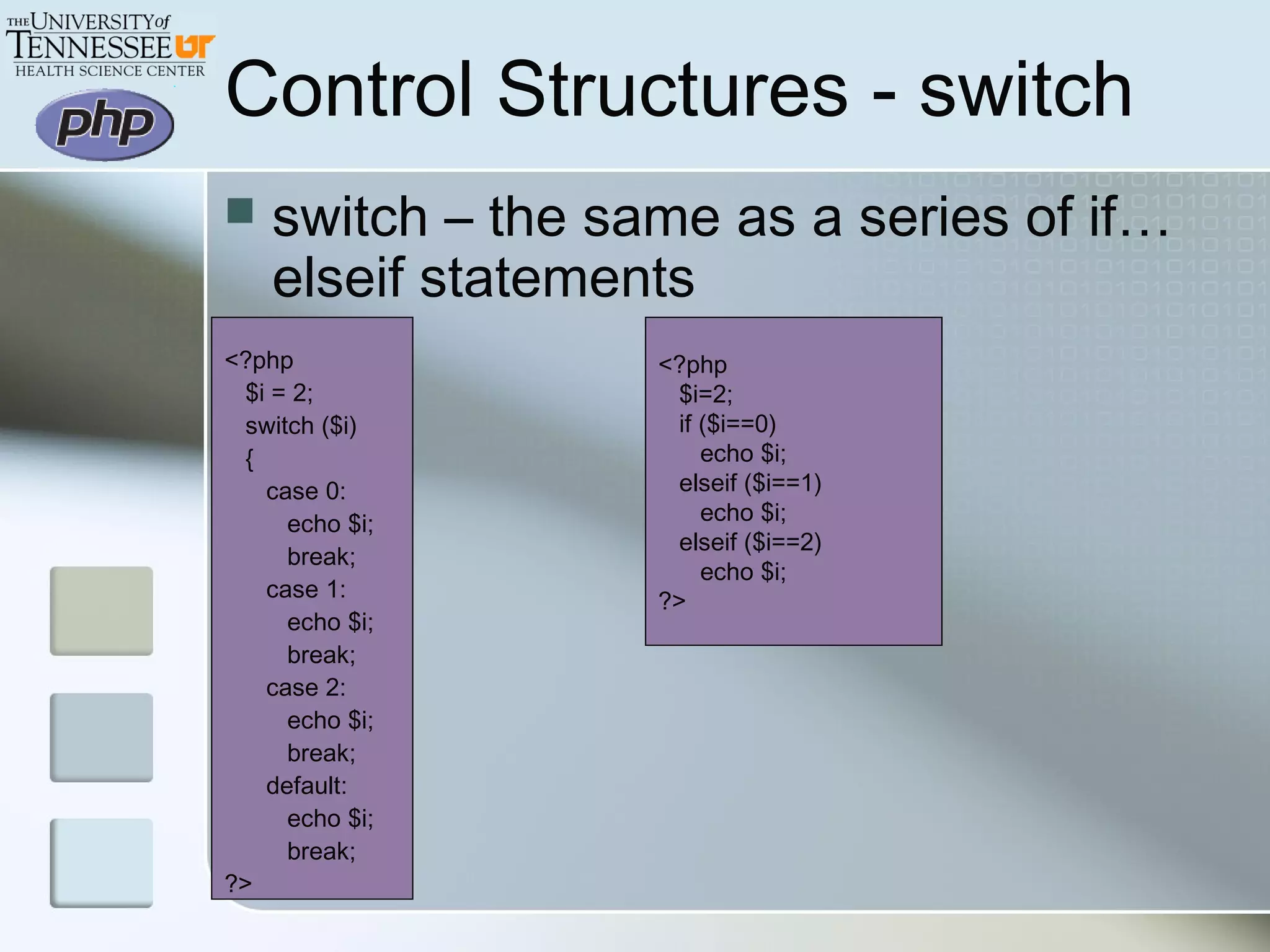 Control Structures - switch
 switch – the same as a series of if…
elseif statements
<?php
$i = 2;
switch ($i)
{
case 0:
echo $i;
break;
case 1:
echo $i;
break;
case 2:
echo $i;
break;
default:
echo $i;
break;
?>
<?php
$i=2;
if ($i==0)
echo $i;
elseif ($i==1)
echo $i;
elseif ($i==2)
echo $i;
?>
 