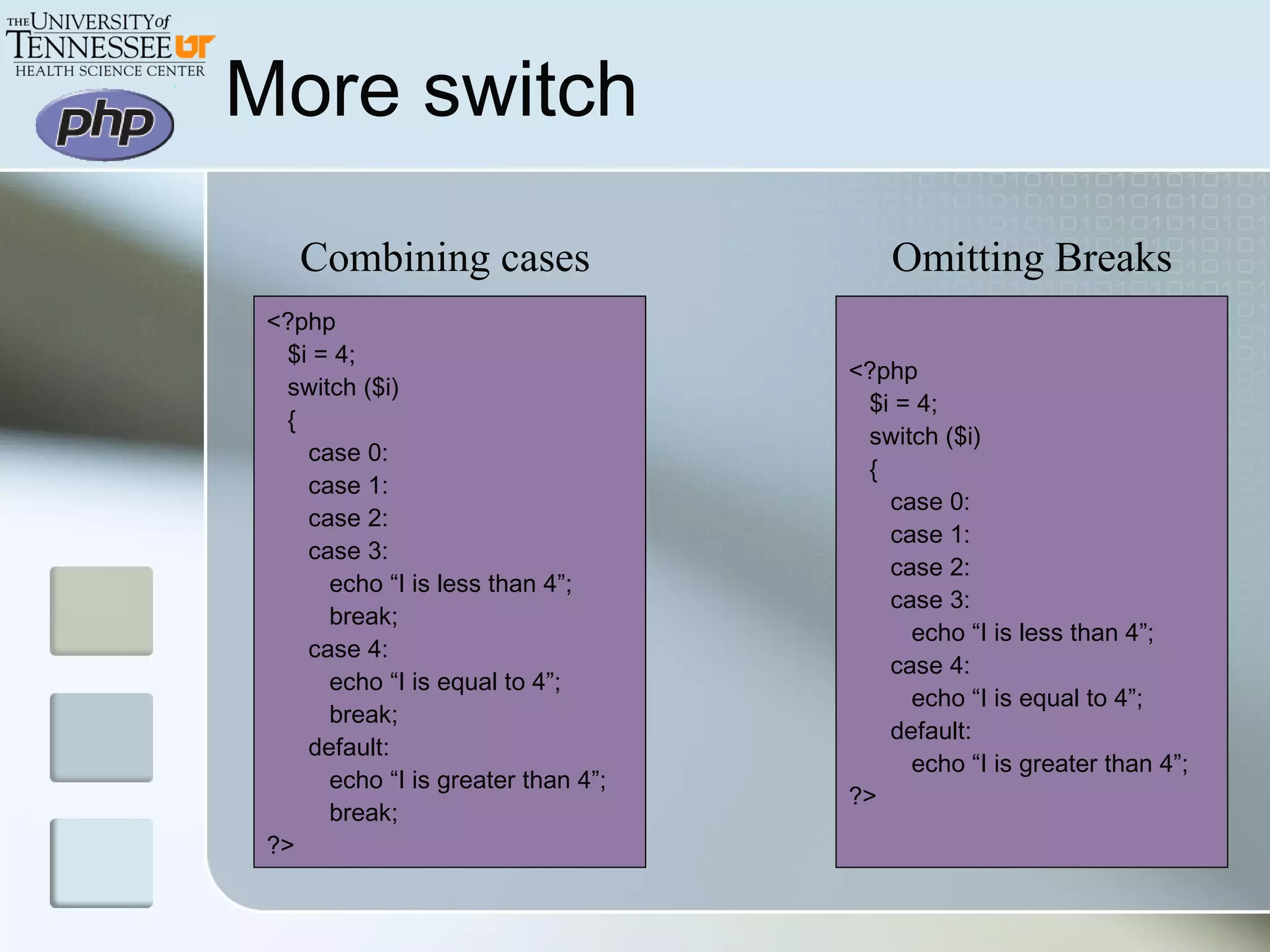More switch
<?php
$i = 4;
switch ($i)
{
case 0:
case 1:
case 2:
case 3:
echo “I is less than 4”;
break;
case 4:
echo “I is equal to 4”;
break;
default:
echo “I is greater than 4”;
break;
?>
Combining cases Omitting Breaks
<?php
$i = 4;
switch ($i)
{
case 0:
case 1:
case 2:
case 3:
echo “I is less than 4”;
case 4:
echo “I is equal to 4”;
default:
echo “I is greater than 4”;
?>
 