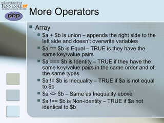 More Operators
 Array
 $a + $b is union – appends the right side to the
left side and doesn’t overwrite variables
 $a == $b is Equal – TRUE is they have the
same key/value pairs
 $a === $b is Identity – TRUE if they have the
same key/value pairs in the same order and of
the same types
 $a != $b is Inequality – TRUE if $a is not equal
to $b
 $a <> $b – Same as Inequality above
 $a !== $b is Non-identity – TRUE if $a not
identical to $b
 