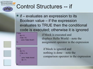 Control Structures -- if
 if – evaluates an expression to its
Boolean value – if the expression
evaluates to TRUE then the conditional
code is executed; otherwise it is ignored
<?php
$a = 5;
if ($a = 6)
echo “Hello World”;
?>
<?php
$a = 5;
if ($a == 6)
{
echo “Hello World”;
$b = 7;
}
?>
if block is executed and
displays Hello World – note the
assignment operator in the expression
if block is ignored and
nothing is done – note the
comparison operator in the expression
 
