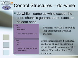 Control Structures – do-while
 do-while – same as while except the
code chunk is guaranteed to execute
at least once
<?php
$a=3;
while ($a==4)
{
echo “The value of a is ”.$a;
}
?>
<?php
$a=3;
do
{
echo “The value of a is ”.$a;
} while ($a==4);
?>
Evaluates to FALSE and while
loop statement(s) are never
executed
while expression isn’t evaluated
until after at least one iteration
of the do-while statements. This
echoes “The value of a is 3” to
the screen.
 