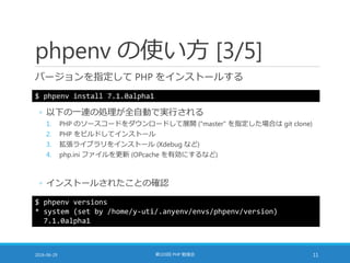 phpenv の使い方 [3/5]
バージョンを指定して PHP をインストールする
2016-06-29 第103回 PHP 勉強会 11
$ phpenv install 7.1.0alpha1
◦ 以下の一連の処理が全自動で実行される
1. PHP のソースコードをダウンロードして展開 ("master" を指定した場合は git clone)
2. PHP をビルドしてインストール
3. 拡張ライブラリをインストール (Xdebug など)
4. php.ini ファイルを更新 (OPcache を有効にするなど)
◦ インストールされたことの確認
$ phpenv versions
* system (set by /home/y-uti/.anyenv/envs/phpenv/version)
7.1.0alpha1
 