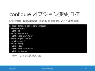 configure オプション変更 [1/2]
share/php-build/default_configure_options ファイルを編集
2016-06-29 第103回 PHP 勉強会 29
$ head default_configure_options
--without-pear
--with-gd
--enable-sockets
--with-jpeg-dir=/usr
--with-png-dir=/usr
--enable-exif
--enable-zip
--with-zlib
--with-zlib-dir=/usr
--with-kerberos
◦ 全バージョンに適用される
 