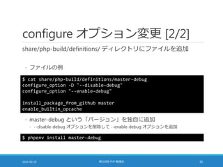 configure オプション変更 [2/2]
share/php-build/definitions/ ディレクトリにファイルを追加
◦ ファイルの例
2016-06-29 第103回 PHP 勉強会 30
$ cat share/php-build/definitions/master-debug
configure_option -D "--disable-debug"
configure_option "--enable-debug"
install_package_from_github master
enable_builtin_opcache
◦ master-debug という「バージョン」を独自に追加
◦ --disable-debug オプションを削除して --enable-debug オプションを追加
$ phpenv install master-debug
 
