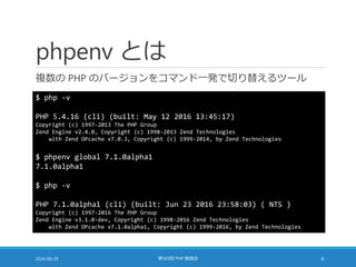 phpenv とは
複数の PHP のバージョンをコマンド一発で切り替えるツール
2016-06-29 第103回 PHP 勉強会 4
$ php -v
PHP 5.4.16 (cli) (built: May 12 2016 13:45:17)
Copyright (c) 1997-2013 The PHP Group
Zend Engine v2.4.0, Copyright (c) 1998-2013 Zend Technologies
with Zend OPcache v7.0.3, Copyright (c) 1999-2014, by Zend Technologies
$ phpenv global 7.1.0alpha1
7.1.0alpha1
$ php -v
PHP 7.1.0alpha1 (cli) (built: Jun 23 2016 23:58:03) ( NTS )
Copyright (c) 1997-2016 The PHP Group
Zend Engine v3.1.0-dev, Copyright (c) 1998-2016 Zend Technologies
with Zend OPcache v7.1.0alpha1, Copyright (c) 1999-2016, by Zend Technologies
 