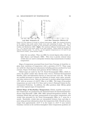 6.6. MEASUREMENT OF TEMPERATURE 93
4.0
T T11 3.7-T11
6.0
5.0
4.0
3.0
2.0
1.0
0
0
Local Mean Temperature Difference [K]
3.02.01.0
LocalMaximumDifference
10
5
0
270 275 280 285 290 295
LocalStandardDeviation
Local Mean Temperature [K]
Figure 6.12 The inﬂuence of clouds on infrared observations. Left: The standard deviation
of the radiance from small, partly cloudy areas each containing 64 pixels. The feet of
the arch-like distribution of points are the sea-surface and cloud-top temperatures. (After
Coakley and Bretherton (1982). Right: The maximum diﬀerence between local values of
T11 − T3.7 and the local mean values of the same quantity. Values inside the dashed box
indicate cloud-free pixels. T11 and T3.7 are the apparent temperatures at 11.0 and 3.7 µm
(data from K. Kelly). ¿From Stewart (1985).
below the sea surface. They can diﬀer by several degrees when winds are
light (Emery and Schussel, 1989). This error is greatly reduced whan
avhrr data are used to interpolate between ship measurements of surface
temperature.
Maps of temperature processed from Local Area Coverage of cloud-free re-
gions show variations of temperature with a precision of 0.1◦
C. These maps
are useful for observing local phenomena including patterns produced by local
currents. Figure 10.16 shows such patterns oﬀ the California coast.
Global maps are made by the U.S. Naval Oceanographic Oﬃce, which re-
ceives the global avhrr data directly from noaa’s National Environmental
Satellite, Data and Information Service in near-real time each day. The data
are carefully processed to remove the inﬂuence of clouds, water vapor, aerosols,
and other sources of error. Data are then used to produce global maps between
±70◦
with an accuracy of ±0.6◦
C (May et al 1998). The maps of sea-surface
temperature are sent to the U.S. Navy and to noaa’s National Centers for En-
vironmental Prediction. In addition, the oﬃce produces daily 100-km global
and 14-km regional maps of temperature.
Global Maps of Sea-Surface Temperature Global, monthly maps of sur-
face temperature are produced by the National Centers for Environmental Pre-
diction using Reynolds’ (1988, 1993, 1994) optimal-interpolation method. The
technique blends ship and buoy measurements of sea-surface temperature with
avhrr data processed by the Naval Oceanographic Oﬃce in 1◦
areas for a
month. Essentially, avhrr data are interpolated between buoy and ship re-
ports using previous information about the temperature ﬁeld. Overall accuracy
ranges from approximately ±0.3◦
C in the tropics to ±0.5◦
C near western
boundary currents in the northern hemisphere where temperature gradients are
 