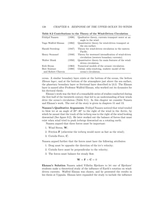 138 CHAPTER 9. RESPONSE OF THE UPPER OCEAN TO WINDS
Table 9.2 Contributions to the Theory of the Wind-Driven Circulation
Fridtjof Nansen (1898) Qualitative theory, currents transport water at an
angle to the wind.
Vagn Walfrid Ekman (1902) Quantitative theory for wind-driven transport at
the sea surface.
Harald Sverdrup (1947) Theory for wind-driven circulation in the eastern
Paciﬁc.
Henry Stommel (1948) Theory for westward intensiﬁcation of wind-driven
circulation (western boundary currents).
Walter Munk (1950) Quantitative theory for main features of the wind-
driven circulation.
Kirk Bryan (1963) Numerical models of the oceanic circulation.
Bert Semtner (1988) Global, eddy-resolving, realistic model of the
and Robert Chervin ocean’s circulation.
ocean. A similar boundary layer exists at the bottom of the ocean, the bottom
Ekman layer, and at the bottom of the atmosphere just above the sea surface,
the planetary boundary layer or frictional layer described in §4.3. The Ekman
layer is named after Professor Walfrid Ekman, who worked out its dynamics for
his doctoral thesis.
Ekman’s work was the ﬁrst of a remarkable series of studies conducted during
the ﬁrst half of the twentieth century that led to an understanding of how winds
drive the ocean’s circulation (Table 9.1). In this chapter we consider Nansen
and Ekman’s work. The rest of the story is given in chapters 11 and 13.
Nansen’s Qualitative Arguments Fridtjof Nansen noticed that wind tended
to blow ice at an angle of 20◦
–40◦
to the right of the wind in the Arctic, by
which he meant that the track of the iceberg was to the right of the wind looking
downwind (See ﬁgure 9.2). He later worked out the balance of forces that must
exist when wind tried to push icebergs downwind on a rotating earth.
Nansen argued that three forces must be important:
1. Wind Stress, W;
2. Friction F (otherwise the iceberg would move as fast as the wind);
3. Coriolis Force, C.
Nansen argued further that the forces must have the following attributes:
1. Drag must be opposite the direction of the ice’s velocity;
2. Coriolis force must be perpendicular to the velocity;
3. The forces must balance for steady ﬂow.
W + F + C = 0
Ekman’s Solution Nansen asked Vilhelm Bjerknes to let one of Bjerknes’
students make a theoretical study of the inﬂuence of Earth’s rotation on wind-
driven currents. Walfrid Ekman was chosen, and he presented the results in
his thesis at Uppsala. Ekman later expanded the study to include the inﬂuence
 