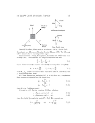 9.2. EKMAN LAYER AT THE SEA SURFACE 139
Wind
W
Velocity of
Iceberg
Coriolis
Force
Drag(Friction)
F
C
Coriolis
Drag
Wind
Coriolis
DragWind
All forces about equal
Weak Coriolis force
Figure 9.2 The balance of forces acting on an iceberg in a wind on a rotating Earth.
of continents and diﬀerences of density of water (Ekman, 1905). The following
follows Ekman’s line of reasoning in that paper.
Ekman assumed a steady, homogeneous, horizontal ﬂow with friction on a
rotating Earth. Thus horizontal and temporal derivatives are zero:
∂
∂t
=
∂
∂x
=
∂
∂y
= 0 (9.6)
Ekman further assumed a constant vertical eddy viscosity of the form (8:12):
Txz = ρw Az
∂u
∂z
, Tyz = ρw Az
∂v
∂z
(9.7)
where Txz, Tyz are the components of the wind stress in the x, y directions, and
ρw is the density of sea water.
With these assumptions, and using (9.7) in (8.14), the x and y components
of the momentum equation have the simple form:
fv + Az
∂2
u
∂z2
= 0 (9.8a)
−fu + Az
∂2
v
∂z2
= 0 (9.8b)
where f is the Coriolis parameter.
It is easy to verify that the equations (9.9) have solutions:
u = V0 exp(az) sin(π/4 − az) (9.9a)
v = V0 exp(az) cos(π/4 − az) (9.9b)
when the wind is blowing to the north (T = Tyz). The constants are
V0 =
T
ρ2
w f Az
and a =
f
2Az
(9.10)
 