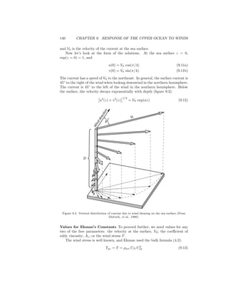 140 CHAPTER 9. RESPONSE OF THE UPPER OCEAN TO WINDS
and V0 is the velocity of the current at the sea surface.
Now let’s look at the form of the solutions. At the sea surface z = 0,
exp(z = 0) = 1, and
u(0) = V0 cos(π/4) (9.11a)
v(0) = V0 sin(π/4) (9.11b)
The current has a speed of V0 to the northeast. In general, the surface current is
45◦
to the right of the wind when looking downwind in the northern hemisphere.
The current is 45◦
to the left of the wind in the southern hemisphere. Below
the surface, the velocity decays exponentially with depth (ﬁgure 9.3):
u2
(z) + v2
(z)
1/2
= V0 exp(az) (9.12)
W
inddirection
45
o
Vo
D
Figure 9.3. Vertical distribution of current due to wind blowing on the sea surface (From
Dietrich, et al., 1980).
Values for Ekman’s Constants To proceed further, we need values for any
two of the free parameters: the velocity at the surface, V0; the coeﬃcient of
eddy viscosity; Az; or the wind stress T.
The wind stress is well known, and Ekman used the bulk formula (4.2):
Tyz = T = ρair CD U2
10 (9.13)
 