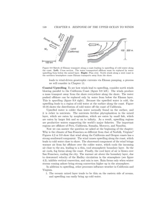 148 CHAPTER 9. RESPONSE OF THE UPPER OCEAN TO WINDS
Upwelling Water
ME
ME
100 - 300 m
ColdUpwelledWater
Wind
Land
(California)
Ekman Transport
100 km
Figure 9.8 Sketch of Ekman transport along a coast leading to upwelling of cold water along
the coast. Left: Cross section. The water transported oﬀshore must be replaced by water
upwelling from below the mixed layer. Right: Plan view. North winds along a west coast in
the northern hemisphere cause Ekman transports away from the shore.
leads to wind-driven geostrophic currents via Ekman pumping, a process
we will consider in Chapter 11.
Coastal Upwelling To see how winds lead to upwelling, consider north winds
blowing parallel to the California Coast (ﬁgure 9.8 left). The winds produce
a mass transport away from the shore everywhere along the shore. The water
pushed oﬀshore can be replaced only by water from below the Ekman layer.
This is upwelling (ﬁgure 9.8 right). Because the upwelled water is cold, the
upwelling leads to a region of cold water at the surface along the coast. Figure
10.16 shows the distribution of cold water oﬀ the coast of California.
Upwelled water is colder than water normally found on the surface, and
it is richer in nutrients. The nutrients fertilize phytoplankton in the mixed
layer, which are eaten by zooplankton, which are eaten by small ﬁsh, which
are eaten by larger ﬁsh and so on to inﬁnity. As a result, upwelling regions
are productive waters supporting the world’s major ﬁsheries. The important
regions are oﬀshore of Peru, California, Somalia, Morocco, and Namibia.
Now we can answer the question we asked at the beginning of the chapter:
Why is the climate of San Francisco so diﬀerent from that of Norfolk, Virginia?
Figures 4.2 or 9.8 show that wind along the California and Oregon coasts has a
strong southward component. The wind causes upwelling along the coast, which
leads to cold water close to shore. The shoreward component of the wind brings
warmer air from far oﬀshore over the colder water, which cools the incoming
air close to the sea, leading to a thin, cool atmospheric boundary layer. As the
air cools, fog forms along the coast. Finally, the cool layer of air is blown over
San Francisco, cooling the city. The warmer air above the boundary layer, due
to downward velocity of the Hadley circulation in the atmosphere (see ﬁgure
4.3), inhibits vertical convection, and rain is rare. Rain forms only when winter
storms coming ashore bring strong convection higher up in the atmosphere.
In addition to upwelling, other processes inﬂuence weather in California and
Virginia.
1. The oceanic mixed layer tends to be thin on the eastern side of oceans,
and upwelling can easily bring up cold water.
 