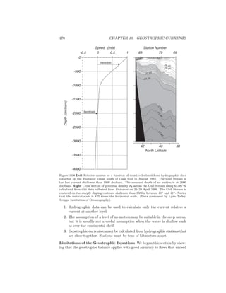 170 CHAPTER 10. GEOSTROPHIC CURRENTS
-4000
-3500
-3000
-2500
-2000
-1500
-1000
-500
0
-0.5 0 0.5 1
Depth(decibars)
Speed (m/s)
baroclinic
barotropic
26.5 0
26.6 0
27.0027.60
2 7.70
27
.80
2
7
.82
27.
8
4
2
7.86
79 6989
42 40 38
North Latitude
Station Number
Figure 10.8 Left Relative current as a function of depth calculated from hydrographic data
collected by the Endeavor cruise south of Cape Cod in August 1982. The Gulf Stream is
the fast current shallower than 1000 decibars. The assumed depth of no motion is at 2000
decibars. Right Cross section of potential density σθ across the Gulf Stream along 63.66◦W
calculated from ctd data collected from Endeavor on 25–28 April 1986. The Gulf Stream is
centered on the steeply sloping contours shallower than 1000m between 40◦ and 41◦. Notice
that the vertical scale is 425 times the horizontal scale. (Data contoured by Lynn Talley,
Scripps Institution of Oceanography).
1. Hydrographic data can be used to calculate only the current relative a
current at another level.
2. The assumption of a level of no motion may be suitable in the deep ocean,
but it is usually not a useful assumption when the water is shallow such
as over the continental shelf.
3. Geostrophic currents cannot be calculated from hydrographic stations that
are close together. Stations must be tens of kilometers apart.
Limitations of the Geostrophic Equations We began this section by show-
ing that the geostrophic balance applies with good accuracy to ﬂows that exceed
 