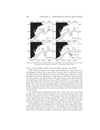 198 CHAPTER 11. WIND DRIVEN OCEAN CIRCULATION
74o
W78o
W 70o
W 66o
W 74o
W78o
W 70o
W 66o
W
74o
W78o
W 70o
W 66o
W 74o
W78o
W 70o
W 66o
W
74o
W78o
W 70o
W 66o
W74o
W78o
W 70o
W 66o
W
42o
N
38o
N
34o
N
42o
N
38o
N
34o
N
42o
N
38o
N
34o
N
42o
N
38o
N
34o
N
42o
N
38o
N
34o
N
42o
N
38o
N
34o
NFeb. 15
Feb. 26-27
Feb. 23-4
Mar. 9-10
200
m
200
m
200
m
200
m
XBT section
A
B
Figure 11.11 Gulf Stream meanders lead to the formation of a spinning eddy, a ring. Notice
that rings have a diameter of about 1◦ (From Ring Group, 1981).
Now we have a problem: What causes the high transports near 40◦
N?
Niiler (1987) summarizes the theory and observations. First, there is no
hydrographic evidence for a large inﬂux of water from the Antilles Current
that ﬂows north of the Bahamas and into the Gulf Stream. This rules out the
possibility that the Sverdrup ﬂow is larger than the calculated value, and that
the ﬂow bypasses the Gulf of Mexico. The ﬂow seems to come primarily from
the Gulf Stream itself. The ﬂow between 60◦
W and 55◦
W is to the south. The
water then ﬂows south and west, and rejoins the Stream between 65◦
W and
75◦
W. Thus, there are two subtropical gyres: a small gyre directly south of the
Stream centered on 65◦
W, called the Gulf Stream recirculation region, and the
broad, wind-driven gyre near the surface seen in ﬁgure 11.8 that extends all the
way to Europe.
The Gulf Stream recirculation carries two to three times the mass of the
broader gyre. Current meters deployed in the recirculation region show that
the ﬂow extends to the bottom. This explains why the recirculation is weak
in the maps calculated from hydrographic data. Currents calculated from the
density distribution give only the baroclinic component of the ﬂow, and they
miss the component that is independent of depth, the barotropic component.
The Gulf Stream recirculation is driven by the potential energy of the steeply
sloping thermocline at the Gulf Stream. The depth of the 27.00 sigma-theta
(σθ) surface drops from 250 meters near 41◦
N in ﬁgure 10.12 to 800 m near
38◦
N south of the Stream. Eddies in the Stream convert the potential energy
 
