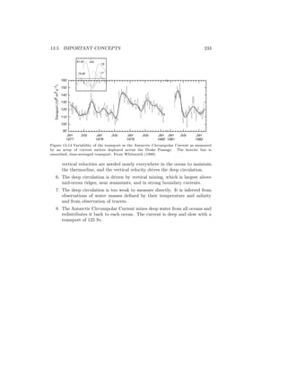 13.5. IMPORTANT CONCEPTS 233
Transport(106m3s-1)
160
150
140
130
120
110
100
90
Jan
1977
July Jan
1978
July Jan
1979
July Jan
1980
Jan
1981
July Jan
1982
81-82 July
79-80
78
77
Figure 13.14 Variability of the transport in the Antarctic Circumpolar Current as measured
by an array of current meters deployed across the Drake Passage. The heavier line is
smoothed, time-averaged transport. From Whitworth (1988)
vertical velocities are needed nearly everywhere in the ocean to maintain
the thermocline, and the vertical velocity drives the deep circulation.
6. The deep circulation is driven by vertical mixing, which is largest above
mid-ocean ridges, near seamounts, and in strong boundary currents.
7. The deep circulation is too weak to measure directly. It is inferred from
observations of water masses deﬁned by their temperature and salinity
and from observation of tracers.
8. The Antarctic Circumpolar Current mixes deep water from all oceans and
redistributes it back to each ocean. The current is deep and slow with a
transport of 125 Sv.
 