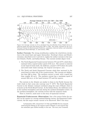 14.1. EQUATORIAL PROCESSES 237
Average Velocity at 10 m Jan 1981 – Dec 1994
140 160 180 -160 -140 -120 -100 -80
140 160 180 -160 -140 -120 -100 -80
-20
-10
0
10
20
-20
-10
0
10
20
20.0 cm/s
Figure 14.3 Average currents at 10 m calculated from the Modular Ocean Model driven by
observed winds and mean heat ﬂuxes from 1981 to 1994. The model, operated by the noaa
National Centers for Environmental Prediction, assimilates observed surface and subsurface
temperatures (From Behringer, Ji, and Leetma, 1998).
Surface Currents The strong stratiﬁcation conﬁnes the wind-driven circula-
tion to the mixed layer and upper thermocline. Sverdrup’s theory and Munk’s
extension, described in §11.1 and §11.3, explain the surface currents in the trop-
ical Atlantic, Paciﬁc, and Indian Oceans. The currents include (ﬁgure 14.3):
1. The North Equatorial Countercurrent between 3◦
N and 10◦
N, which ﬂows
eastward with a typical surface speed of 50 cm/s. The current is centered
on the band of weak winds, the doldrums, around 5–10◦
N where the north
and south trade winds converge, the tropical convergence zone.
2. The North and South Equatorial Currents which ﬂow westward in the
zonal band on either side of the countercurrent. The currents are shallow,
less than 200 m deep. The northern current is weak, with a speed less
than roughly 20 cm/s. The southern current has a maximum speed of
around 100 cm/s, in the band between 3◦
N and the equator.
The currents in the Atlantic are similar to those in the Paciﬁc because the
trade winds in that ocean also converge near 5◦
–10◦
N. The South Equatorial
Current in the Atlantic continues northwest along the coast of Brazil, where it
is known as the North Brazil Current. In the Indian Ocean, the doldrums occur
in the southern hemisphere and only during the northern-hemisphere winter. In
the northern hemisphere, the currents reverse with the monsoon winds.
There is, however, much more to the story of equatorial currents.
Equatorial Undercurrent: Observations Just a few meters below the sur-
face on the equator is a strong eastward ﬂowing current, the Equatorial Under-
current, the last major oceanic current to be discovered. Here’s the story:
In September 1951, aboard the U.S. Fish and Wildlife Service research
vessel long-line ﬁshing on the equator south of Hawaii, it was noticed that
the subsurface gear drifted steadily to the east. The next year Cromwell,
 