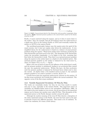 240 CHAPTER 14. EQUATORIAL PROCESSES
Sea Surface
Wind
C
A
B
Thermocline
Mixed Layer
∂P/ ∂x
EastWest
Thermocline
Figure 14.5 Left: Cross-sectional sketch of the thermocline and sea-surface topography along
the equator. Right: Eastward pressure gradient in the central Paciﬁc caused by the density
structure at left.
Paciﬁc, it moves eastward along the equator, and as it does it moves closer to
the surface. Note, for example, that the 25◦
isotherm enters the undercurrent at
a depth near 125 m in the western Paciﬁc at 170◦
E and eventually reaches the
surface at 125◦
W in the eastern Paciﬁc.
The meridional geostrophic balance near the equator gives the speed of the
zonal currents, but it does not explain what drives the undercurrent. A very
simpliﬁed theory for the undercurrent is based on a balance of zonal pressure
gradients along the equator. Wind stress pushes water westward, producing the
deep thermocline and warm pool in the west. The deepening of the thermocline
causes the sea-surface topography ζ to be higher in the west, assuming that
ﬂow below the thermocline is weak. Thus there is an eastward pressure gradient
along the equator in the surface layers to a depth of a few hundred meters. The
eastward pressure gradient at the surface is balanced by the wind stress Tx,
(layer A in ﬁgure 14.5), so ρ Tx = −∂p/∂x.
Below a few tens of meters in layer B, the inﬂuence of the wind stress is small,
and the pressure gradient is unbalanced, leading to an accelerated ﬂow toward
the east, the equatorial undercurrent. Within this layer, the ﬂow accelerates
until the pressure gradient is balanced by frictional forces which tend to slow
the current. At depths below a few hundred meters in layer C, the eastward
pressure gradient is too weak to produce a current, ∂p/∂x ≈ 0.
Coriolis forces keep the equatorial undercurrent centered on the equator. If
the ﬂow strays northward, the Coriolis force deﬂects the current southward. The
opposite occurs if the ﬂow strays southward.
14.2 Variable Equatorial Circulation: El Ni˜no/La Ni˜na
The trades are remarkably steady, but they do vary from month to month
and year to year, especially in the western Paciﬁc. One important source of
variability are Madden-Julian waves in the atmosphere (McPhaden, 1999). If
the trades in the west weaken or even reverse, the air-sea system in the equatorial
regions can be thrown into another state called El Ni˜no. This disruption of the
equatorial system in the Paciﬁc disrupts weather around the globe.
Although the modern meaning of the term El Ni˜no denotes a disruption of
the entire equatorial system in the Paciﬁc, the term has been used in the past
to describe several very diﬀerent processes. This causes a lot of confusion. To
reduce the confusion, let’s learn a little history.
 