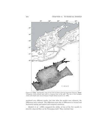 264 CHAPTER 15. NUMERICAL MODELS
70º 68º 66º 64º 62º
40º
41º
42º
43º
44º
45º
NEW ENGLAND
SHELF
NANTUCKET
SHOALS
60m
100m
200m
1000m 300m
GREATSOUTHCHANNEL
GEORGES BANK
GULF OF
MAINE
WILKONSON
BASIN
200m
300m 200m
200m
GEORGES
BASIN
NORTHEAST CHANNEL
BROWN'S
BANK
JORDAN
BASIN
100m
BAY
OF
FUNDY
60m
200m
100m
1000m
SCOTIAN
SHELF
100m
CAPE
SABLE
CAPE
COD
60m
100 km
Figure 15.3 Top: Topographic map of the Gulf of Maine showing important features. Inset:
Triangular, ﬁnite-element grid used to compute ﬂow in the gulf. The size of the triangles
varies with depth and rate of change of depth (From Lynch et al, 1996).
produced very diﬀerent results, but that after the models were adjusted, the
diﬀerences were reduced. The diﬀerences were due to diﬀerences in vertical and
horizontal mixing and spatial and temporal resolution.
Hackett et al. (1995) compared the ability of two of the ﬁve models to
describe observed ﬂow on the Norwegian shelf. They conclude that
 