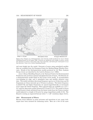 16.6. MEASUREMENT OF WAVES 291
Global 1 x 1,25 grid 20 August 1998 00:00 UTCWind Speed in Knots
Figure 16.11 Output of a third-generation wave forecast model produced by noaa’s Ocean
Modelling Branch for 20 August 1998. Contours are signiﬁcant wave height in meters, arrows
give direction of waves at the peak of the wave spectrum, and barbs give wind speed in m/s
and direction. From noaa Ocean Modelling Branch.
and wave height into the model. Forecasts of waves using assimilated satellite
data are available from the European Centre for Medium-Range Weather Fore-
casts. Details of the third-generation models produced by the Wave Analysis
Group (wam) are described in the book by Komen et al. (1994).
noaa’s Ocean Modelling Branch at the National Centers for Environmental
Predictions also produces regional and global forecasts of waves. The Branch use
a third-generation model based on the Cycle-4 wam model. It accommodates
ever-changing ice edge, and it assimilates buoy and satellite altimeter wave
data. The model calculates directional frequency spectra in 12 directions and 25
frequencies at 3-hour intervals up to 72 hours in advance. The lowest frequency
is 0.04177 Hz and higher frequencies are spaced logarithmically at increments
of 0.1 times the lowest frequency. Wave spectral data are available on a 2.5◦
×
2.5◦
grid for deep-water points between 67.5◦
S and 77.5◦
N. The model is driven
using 10-meter winds calculated from the lowest winds from the Centers weather
model adjusted to a height of 10 meter by using a logarithmic proﬁle (8.19). The
Branch is testing an improved forecast with 1◦
× 1.25◦
resolution (ﬁgure 16.11).
16.6 Measurement of Waves
Because waves inﬂuence so many processes and operations at sea, many tech-
niques have been invented for measuring waves. Here are a few of the more
 