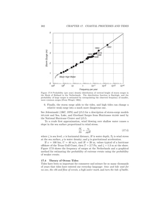 302 CHAPTER 17. COASTAL PROCESSES AND TIDES
103 102 10 1 10-1 10-2 10-3 10-4
0
1
2
3
4
5
1953
1894
1916
1906
1928
1904
StormSurge(m)
Mean High Water
Frequency per year
Figure 17.9 Probability (per year) density distribution of vertical height of storm surges in
the Hook of Holland in the Netherlands. The distribution function is Rayleigh, and the
probability of large surges is estimated by extrapolating the observed frequency of smaller,
more common surges (From Wiegel, 1964).
6. Finally, the storm surge adds to the tides, and high tides can change a
relative weak surge into a much more dangerous one.
See Jelesnianski (1967, 1970) and §15.5 for a description of storm-surge models
splash and Sea, Lake, and Overland Surges from Hurricanes slosh used by
the National Hurricane Center and §15.5.
To a crude ﬁrst approximation, wind blowing over shallow water causes a
slope in the sea surface proportional to wind stress.
∂ζ
∂x
=
τ0
ρgH
(17.4)
where ζ is sea level, x is horizontal distance, H is water depth, T0 is wind stress
at the sea surface, ρ is water density; and g is gravitational acceleration.
If x = 100 km, U = 40 m/s, and H = 20 m, values typical of a hurricane
oﬀshore of the Texas Gulf Coast, then T = 2.7 Pa, and ζ = 1.3 m at the shore.
Figure 17.9 shows the frequency of surges at the Netherlands and a graphical
method for estimating the probability of extreme events using the probability
of weaker events.
17.4 Theory of Ocean Tides
Tides have been so important for commerce and science for so many thousands
of years that tides have entered our everyday language: time and tide wait for
no one, the ebb and ﬂow of events, a high-water mark, and turn the tide of battle.
 
