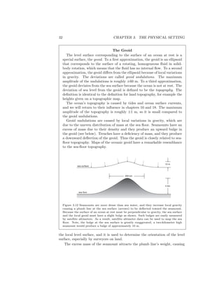 32 CHAPTER 3. THE PHYSICAL SETTING
The Geoid
The level surface corresponding to the surface of an ocean at rest is a
special surface, the geoid. To a ﬁrst approximation, the geoid is an ellipsoid
that corresponds to the surface of a rotating, homogeneous ﬂuid in solid-
body rotation, which means that the ﬂuid has no internal ﬂow. To a second
approximation, the geoid diﬀers from the ellipsoid because of local variations
in gravity. The deviations are called geoid undulations. The maximum
amplitude of the undulations is roughly ±60 m. To a third approximation,
the geoid deviates from the sea surface because the ocean is not at rest. The
deviation of sea level from the geoid is deﬁned to be the topography. The
deﬁnition is identical to the deﬁnition for land topography, for example the
heights given on a topographic map.
The ocean’s topography is caused by tides and ocean surface currents,
and we will return to their inﬂuence in chapters 10 and 18. The maximum
amplitude of the topography is roughly ±1 m, so it is small compared to
the geoid undulations.
Geoid undulations are caused by local variations in gravity, which are
due to the uneven distribution of mass at the sea ﬂoor. Seamounts have an
excess of mass due to their density and they produce an upward bulge in
the geoid (see below). Trenches have a deﬁciency of mass, and they produce
a downward deﬂection of the geoid. Thus the geoid is closely related to sea-
ﬂoor topography. Maps of the oceanic geoid have a remarkable resemblance
to the sea-ﬂoor topography.
sea surface
sea floor
10 m
2 km
200 km
Figure 3.12 Seamounts are more dense than sea water, and they increase local gravity
causing a plumb line at the sea surface (arrows) to be deﬂected toward the seamount.
Because the surface of an ocean at rest must be perpendicular to gravity, the sea surface
and the local geoid must have a slight bulge as shown. Such bulges are easily measured
by satellite altimeters. As a result, satellite altimeter data can be used to map the sea
ﬂoor. Note, the bulge at the sea surface is greatly exaggerated, a two-kilometer high
seamount would produce a bulge of approximately 10 m.
the local level surface, and it is used to determine the orientation of the level
surface, especially by surveyors on land.
The excess mass of the seamount attracts the plumb line’s weight, causing
 