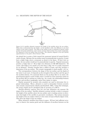 3.4. MEASURING THE DEPTH OF THE OCEAN 33
Satelite's Orbit
Geoid
Geoid Undulation
Sea
Surface
Topography
Reference
Ellipsoid
Center of
Mass
{
}
r
h
Figure 3.13 A satellite altimeter measures the height of the satellite above the sea surface.
When this is subtracted from the height r of the satellite’s orbit, the diﬀerence is sea level
relative to the center of Earth. The shape of the surface is due to variations in gravity, which
produce the geoid undulations, and to ocean currents which produce the oceanic topography,
the departure of the sea surface from the geoid. The reference ellipsoid is the best smooth
approximation to the geoid. (From Stewart, 1985).
the plumb line to point a little toward the seamount instead of toward Earth’s
center of mass. Because the sea surface must be perpendicular to gravity, it must
have a slight bulge above a seamount as shown in the ﬁgure. If there were no
bulge, the sea surface would not be perpendicular to gravity. Typical seamounts
produce a bulge that is 1–20 m high over distances of 100–200 kilometers. Of
course, this bulge is too small to be seen from a ship, but it is easily measured
by an altimeter. Oceanic trenches have a deﬁcit of mass, and they produce a
depression of the sea surface. The oceanic topography is much smaller, ±0.1 m.
The correspondence between the shape of the sea surface and the depth of
the water is not exact. It depends on the strength of the sea ﬂoor and the age of
the sea-ﬂoor feature. If a seamount ﬂoats on the sea ﬂoor like ice on water, the
gravitational signal is much weaker than it would be if the seamount rested on
the sea ﬂoor like ice resting on a table top. As a result, the relationship between
gravity and sea-ﬂoor topography varies from region to region.
Depths measured by acoustic echo sounders are used to determine the re-
gional relationships. Hence, altimetry is used to interpolate between acoustic
echo sounder measurements (Smith and Sandwell, 1994). Using this technique,
the ocean’s depth can be calculated with an accuracy of ±100 m.
Satellite-altimeter systems Now let’s see how altimeters can measure the
shape of the sea surface. Satellite altimeter systems include a radar to measure
the height of the satellite above the sea surface and a tracking system to deter-
mine the height of the satellite in geocentric coordinates. The system measures
the height of the sea surface relative to the center of mass of Earth (ﬁgure 3.13).
This gives the shape of the sea surface.
Many altimetric satellites have ﬂown in space. All have had suﬃcient accu-
racy to observe the marine geoid and the inﬂuence of sea-ﬂoor features on the
 