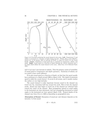 36 CHAPTER 3. THE PHYSICAL SETTING
S psu
0 5 10 15 20
6
5
4
3
2
1
0
Depth(km)
33.0 33.5 34.0 34.5 35.0
Speed Corrections m/s
0 20 40 60 80 100
0 20 40 60 80 100
Sound Speed m/s
1500 1520 1540 1560
1500 1520 1540 1560
6
5
4
3
2
1
0
T S
C
T∞ C
DCT DCPDCS
Figure 3.15 Processes producing the sound channel in the ocean. Left: Temperature T and
salinity S measured as a function of depth during the R.V. Hakuho Maru cruise KH-87-1,
station JT, on 28 January 1987 at Latitude 33◦52.90 N, Long 141◦55.80 E in the North
Paciﬁc. Center: Variations in sound speed due to variations in temperature, salinity, and
depth. Right: Sound speed as a function of depth showing the velocity minimum near 1
km depth which deﬁnes the sound channel in the ocean. (Data from jpots Editorial Panel,
1991).
and 1.5 m/s per 1 psu increase in salinity. Thus the primary causes of variability
of sound speed is temperature and depth (pressure). Variations of salinity are
too small to have much inﬂuence.
If we plot sound speed as a function of depth, we ﬁnd that the speed usually
has a minimum at a depth around 1000 m (ﬁgure 3.16). The depth of minimum
speed is called the sound channel. It occurs in all oceans, and it usually reaches
the surface at very high latitudes.
The sound channel is really important because sound in the channel can
travel very far, sometimes half way around the earth. Here is how the channel
works. Sound rays that begin to travel out of the channel are refracted back
toward the center of the channel. Rays propagating upward at small angles
to the horizontal are bent downward, and rays propagating downward at small
angles to the horizontal are bent upward (ﬁgure 3.16). Typical depths of the
channel vary from 10 m to 1200 m depending on geographical area.
Absorption of Sound Absorption of sound per unit distance depends on the
intensity I of the sound:
dI = −kI0 dx (3.2)
 