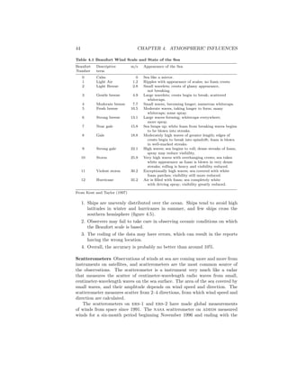 44 CHAPTER 4. ATMOSPHERIC INFLUENCES
Table 4.1 Beaufort Wind Scale and State of the Sea
Beaufort Descriptive m/s Appearance of the Sea
Number term
0 Calm 0 Sea like a mirror.
1 Light Air 1.2 Ripples with appearance of scales; no foam crests.
2 Light Breeze 2.8 Small wavelets; crests of glassy appearance,
not breaking.
3 Gentle breeze 4.9 Large wavelets; crests begin to break; scattered
whitecaps.
4 Moderate breeze 7.7 Small waves, becoming longer; numerous whitecaps.
5 Fresh breeze 10.5 Moderate waves, taking longer to form; many
whitecaps; some spray.
6 Strong breeze 13.1 Large waves forming; whitecaps everywhere;
more spray.
7 Near gale 15.8 Sea heaps up; white foam from breaking waves begins
to be blown into streaks.
8 Gale 18.8 Moderately high waves of greater length; edges of
crests begin to break into spindrift; foam is blown
in well-marked streaks.
9 Strong gale 22.1 High waves; sea begins to roll; dense streaks of foam;
spray may reduce visibility.
10 Storm 25.9 Very high waves with overhanging crests; sea takes
white appearance as foam is blown in very dense
streaks; rolling is heavy and visibility reduced.
11 Violent storm 30.2 Exceptionally high waves; sea covered with white
foam patches; visibility still more reduced.
12 Hurricane 35.2 Air is ﬁlled with foam; sea completely white
with driving spray; visibility greatly reduced.
From Kent and Taylor (1997)
1. Ships are unevenly distributed over the ocean. Ships tend to avoid high
latitudes in winter and hurricanes in summer, and few ships cross the
southern hemisphere (ﬁgure 4.5).
2. Observers may fail to take care in observing oceanic conditions on which
the Beaufort scale is based.
3. The coding of the data may have errors, which can result in the reports
having the wrong location.
4. Overall, the accuracy is probably no better than around 10%.
Scatterometers Observations of winds at sea are coming more and more from
instruments on satellites, and scatterometers are the most common source of
the observations. The scatterometer is a instrument very much like a radar
that measures the scatter of centimeter-wavelength radio waves from small,
centimeter-wavelength waves on the sea surface. The area of the sea covered by
small waves, and their amplitude depends on wind speed and direction. The
scatterometer measures scatter from 2–4 directions, from which wind speed and
direction are calculated.
The scatterometers on ers-1 and ers-2 have made global measurements
of winds from space since 1991. The nasa scatterometer on adeos measured
winds for a six-month period beginning November 1996 and ending with the
 