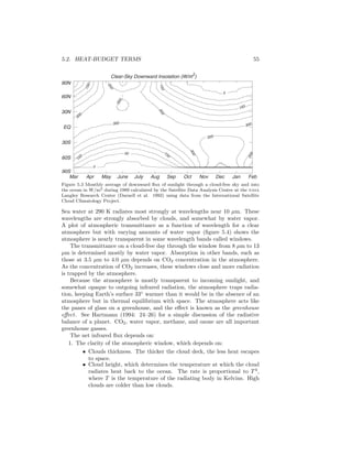 5.2. HEAT-BUDGET TERMS 55
Clear-Sky Downward Insolation (W/m2
)
Mar Apr May June July Aug Sep Oct Nov Dec Jan Feb
90S
60S
30S
EQ
30N
60N
90N
150
150
300
300
300
300
300
300
150
150
150350
350
350
0
0
50
Figure 5.3 Monthly average of downward ﬂux of sunlight through a cloud-free sky and into
the ocean in W/m2 during 1989 calculated by the Satellite Data Analysis Center at the nasa
Langley Research Center (Darnell et al. 1992) using data from the International Satellite
Cloud Climatology Project.
Sea water at 290 K radiates most strongly at wavelengths near 10 µm. These
wavelengths are strongly absorbed by clouds, and somewhat by water vapor.
A plot of atmospheric transmittance as a function of wavelength for a clear
atmosphere but with varying amounts of water vapor (ﬁgure 5.4) shows the
atmosphere is nearly transparent in some wavelength bands called windows.
The transmittance on a cloud-free day through the window from 8 µm to 13
µm is determined mostly by water vapor. Absorption in other bands, such as
those at 3.5 µm to 4.0 µm depends on CO2 concentration in the atmosphere.
As the concentration of CO2 increases, these windows close and more radiation
is trapped by the atmosphere.
Because the atmosphere is mostly transparent to incoming sunlight, and
somewhat opaque to outgoing infrared radiation, the atmosphere traps radia-
tion, keeping Earth’s surface 33◦
warmer than it would be in the absence of an
atmosphere but in thermal equilibrium with space. The atmosphere acts like
the panes of glass on a greenhouse, and the eﬀect is known as the greenhouse
eﬀect. See Hartmann (1994: 24–26) for a simple discussion of the radiative
balance of a planet. CO2, water vapor, methane, and ozone are all important
greenhouse gasses.
The net infrared ﬂux depends on:
1. The clarity of the atmospheric window, which depends on:
• Clouds thickness. The thicker the cloud deck, the less heat escapes
to space.
• Cloud height, which determines the temperature at which the cloud
radiates heat back to the ocean. The rate is proportional to T4
,
where T is the temperature of the radiating body in Kelvins. High
clouds are colder than low clouds.
 