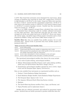 5.5. GLOBAL DATA SETS FOR FLUXES 63
to 40◦
S. They found that systematic errors dominated the zonal means. Zonal
averages of insolation were uncertain by about 10%, ranging from ±10 W/m2
in high latitudes to ±25 W/m2
in the tropics. Long wave ﬂuxes were uncertain
by about ±7 W/m2
. Latent heat ﬂux uncertainties ranged from ±10 W/m2
in
some areas of the northern oceans to ±30 W/m2
in the western tropical oceans
to ±50 W/m2
in western boundary currents. Sensible heat ﬂux uncertainties
tend to be around ±5 − 10 W/m2
.
Josey et al (1999) compared averaged ﬂuxes calculated from coads with
ﬂuxes calculated from observations made by carefully calibrated instruments
on some ships and buoys. They found that mean ﬂux into the oceans, when
averaged over all the seas surface had errors of ±30 W/m2
. Errors vary season-
ally and by region, and global maps of ﬂuxes require corrections such as those
proposed by DaSilva, Young, and Levitus (1995) shown in ﬁgure 5.7.
Satellite Data Raw data are available from satellite projects, but we need
processed data. Various levels of processed data from satellite projects are
produced (table 5.3):
Table 5.3 Levels of Processed Satellite Data
Level Level of Processing
Level 1 Unprocessed data from the satellite in engineering units (volts)
Level 2 Data processed into geophysical units (wind speed) at the time and place
the satellite instrument made the observation
Level 3 Level 2 data interpolated to ﬁxed coordinates in time and space
Level 4 Level 3 data averaged in time and space or further processed
The operational meteorological satellites that observe the ocean include:
1. noaa series of polar-orbiting, meteorological satellites;
2. Defense Meteorological Satellite Program dmsp polar-orbiting satellites,
which carry the Special Sensor Microwave/ Imager (ssm/i);
3. Geostationary meteorological satellites operated by noaa (goes), Japan
(gms) and the European Space Agency (meteosats).
Data are also available from instruments on experimental satellites such as:
1. Nimbus-7, Earth Radiation Budget Instruments;
2. Earth Radiation Budget Satellite, Earth Radiation Budget Experiment;
3. The European Space Agency’s ers–1 & 2;
4. The Japanese ADvanced Earth Observing System (adeos);
5. Quicksat,
6. The Eaeth-Observing System satellites Terra, Aqua, and Envisat, and
7. Topex/Poseidon and its replacement Jason-1.
Satellite data are collected, processed, and archived by government organi-
zations. Archived data are further processed to produce useful ﬂux data sets.
 