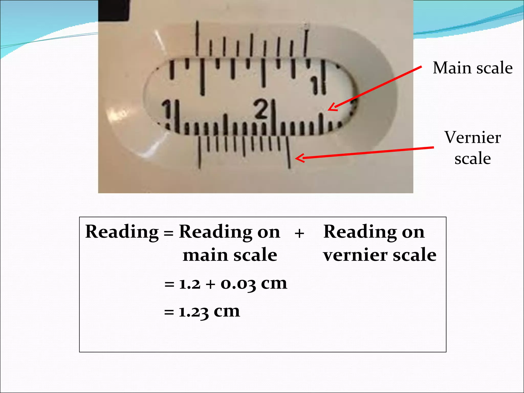 Reading = Reading on  +  Reading on    main scale  vernier scale   = 1.2 + 0.03 cm   = 1.23 cm Main scale Vernier scale 