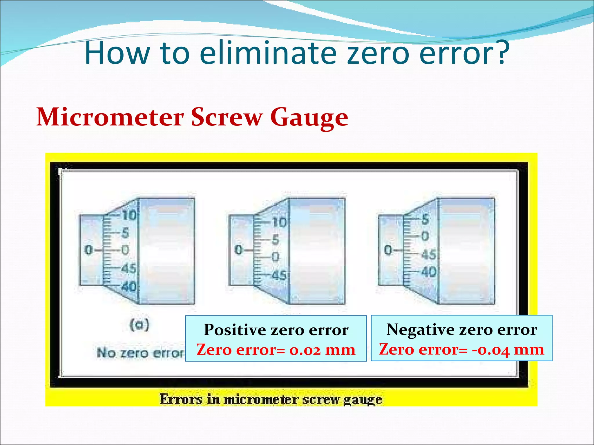 How to eliminate zero error? Micrometer Screw Gauge Negative zero error Zero error= -0.04 mm Positive zero error Zero error= 0.02 mm 
