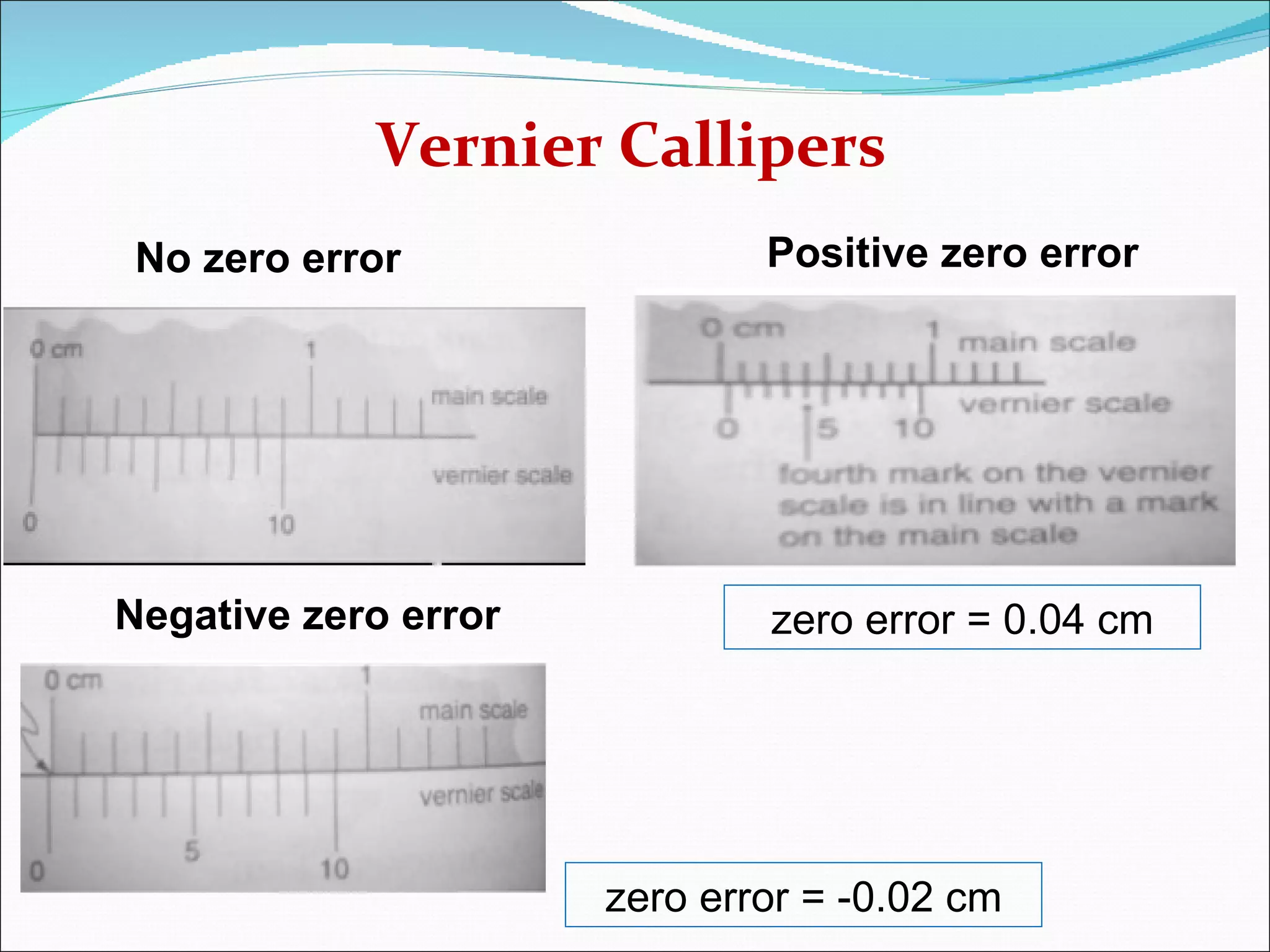 Vernier Callipers No zero error Negative zero error Positive zero error zero error = 0.04 cm zero error = -0.02 cm 