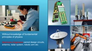 Without knowledge of fundamental
principles of physics
Electronic Engineers cannot design circuits,
antenna, radar system, robotic arm etc.
 