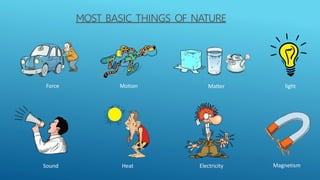 Force Motion
Heat
Sound
Matter
Electricity Magnetism
light
MOST BASIC THINGS OF NATURE
 