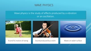 WAVE PHYSICS
Wave physics is the study of effects produced by a vibration
or an oscillation.
Sound produced by a violin
To and fro motion of swing Waves on water surface
 