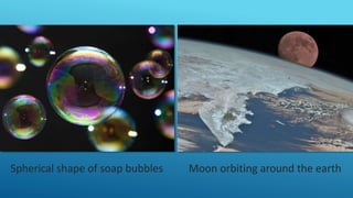 Spherical shape of soap bubbles Moon orbiting around the earth
 