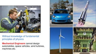 Without knowledge of fundamental
principles of physics
Mechanical Engineers cannot design
automobiles, space vehicles, wind turbines,
machines etc.
 