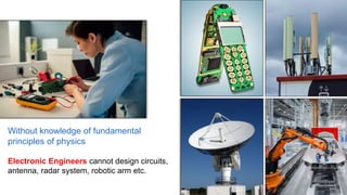 Without knowledge of fundamental
principles of physics
Electronic Engineers cannot design circuits,
antenna, radar system, robotic arm etc.
 