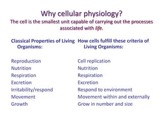 Why cellular physiology?
The cell is the smallest unit capable of carrying out the processes
associated with life.
Classical Properties of Living
Organisms:
Reproduction
Nutrition
Respiration
Excretion
Irritability/respond
Movement
Growth
How cells fulfill these criteria of
Living Organisms:
Cell replication
Nutrition
Respiration
Excretion
Respond to environment
Movement within and externally
Grow in number and size
 
