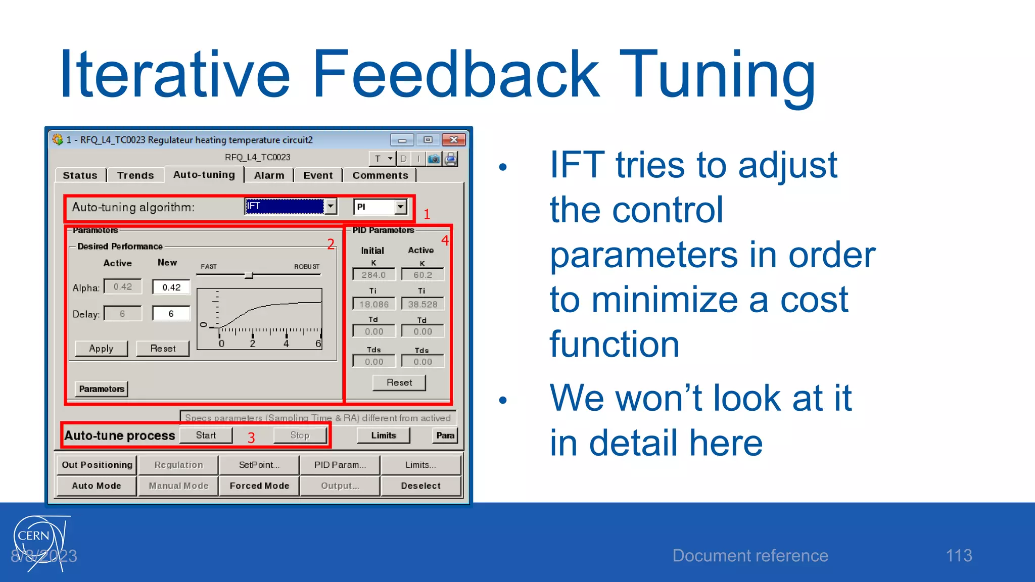 Iterative Feedback Tuning
• IFT tries to adjust
the control
parameters in order
to minimize a cost
function
• We won’t look at it
in detail here
Document reference 113
8/8/2023
1
2
3
4
 