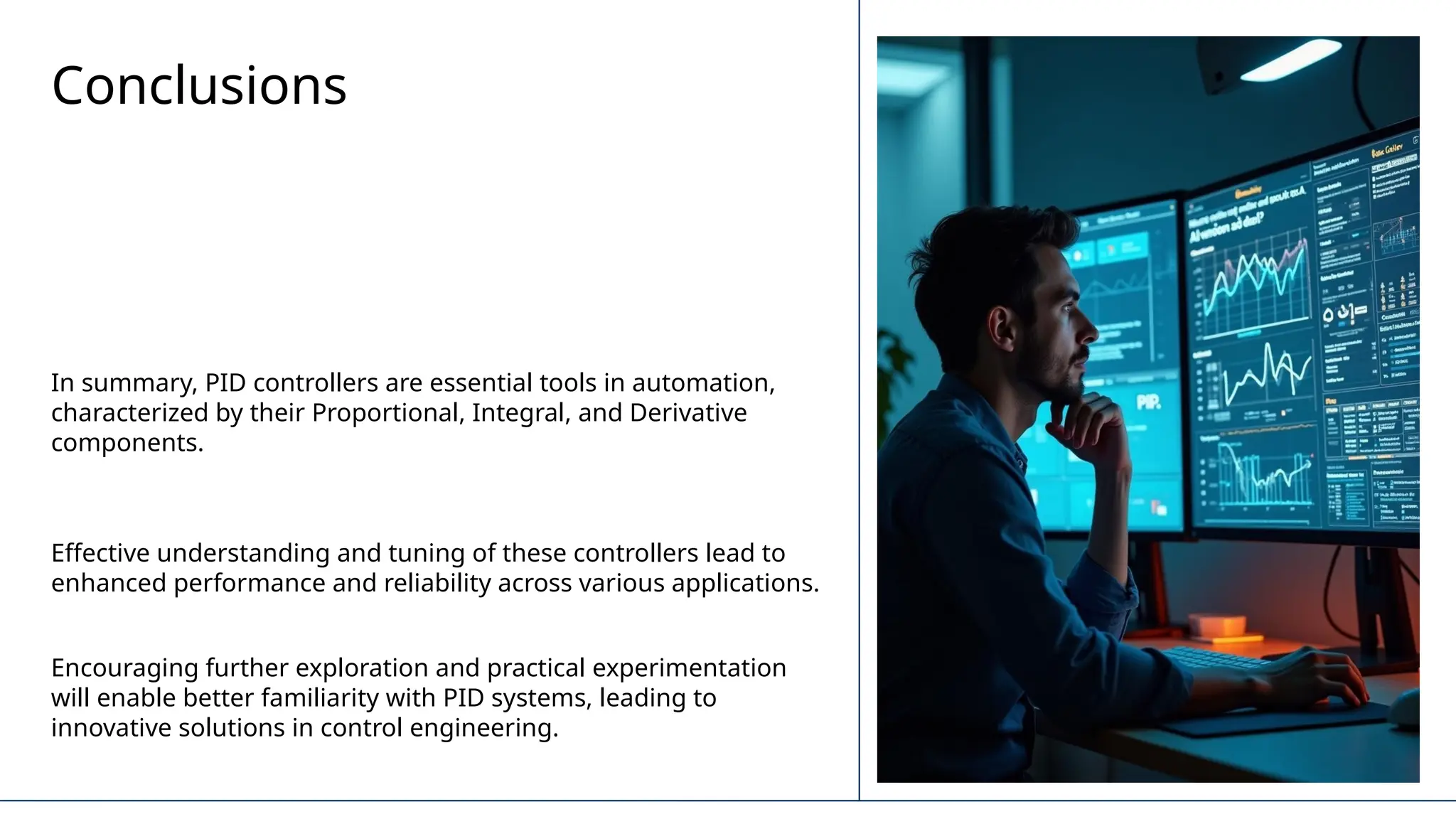 Conclusions
In summary, PID controllers are essential tools in automation,
characterized by their Proportional, Integral, and Derivative
components.
Effective understanding and tuning of these controllers lead to
enhanced performance and reliability across various applications.
Encouraging further exploration and practical experimentation
will enable better familiarity with PID systems, leading to
innovative solutions in control engineering.
 