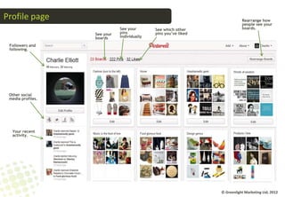Profile page                                                                Rearrange how
                                                                            people see your
                              See your       See which other                boards.
                   See your   pins           pins you’ve liked
                   boards     individually

 Followers and
 following.




 Other social
 media profiles.




  Your recent
  activity.




                                                                 © Greenlight Marketing Ltd, 2012
 