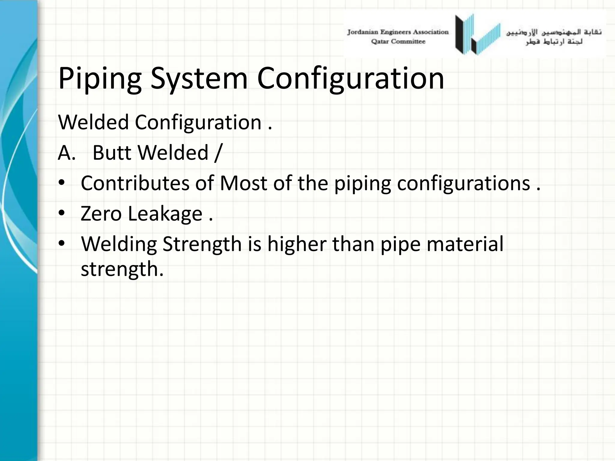 Piping System Configuration
Welded Configuration .
A. Butt Welded /
• Contributes of Most of the piping configurations .
• Zero Leakage .
• Welding Strength is higher than pipe material
strength.
 