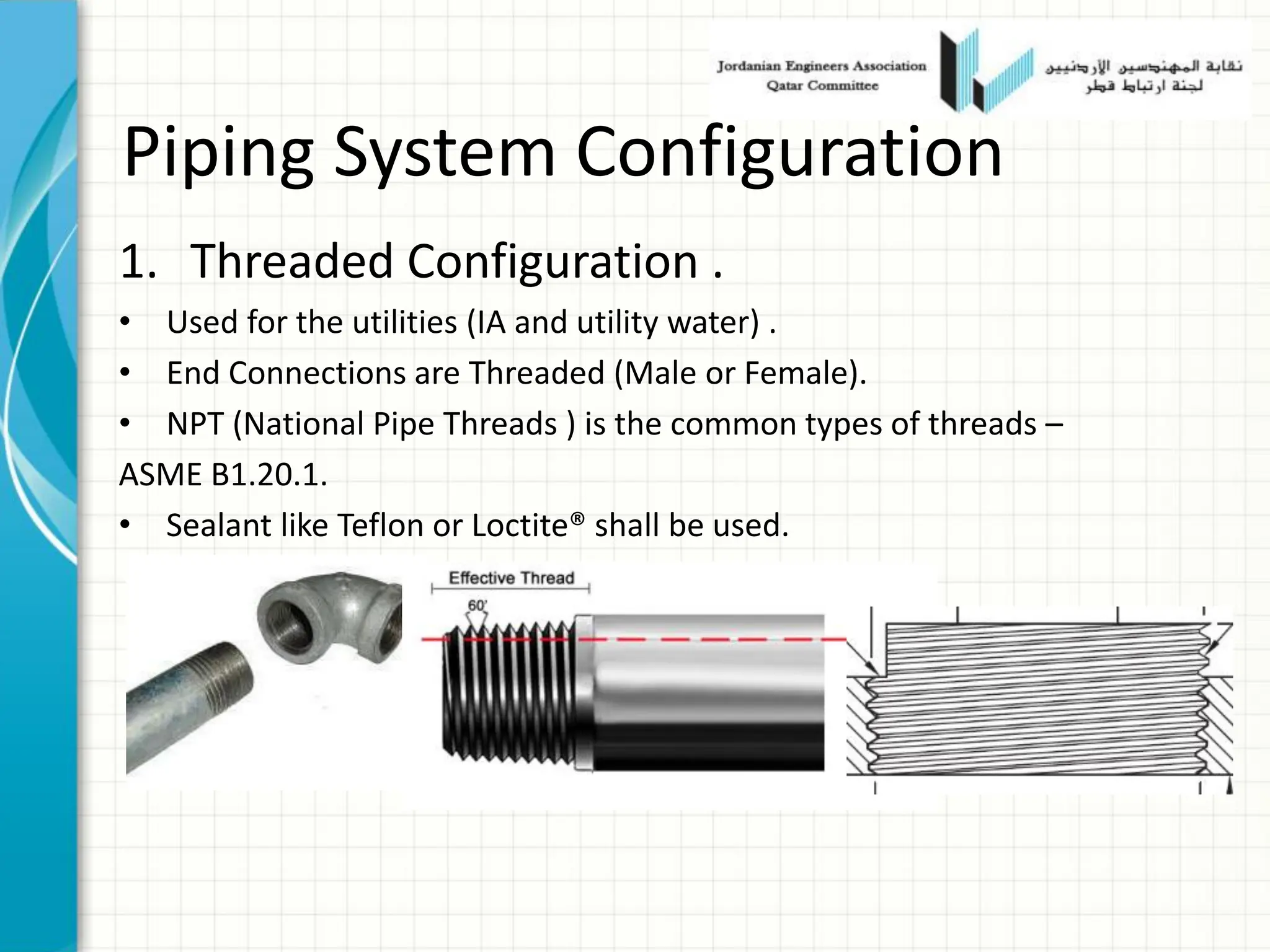Piping System Configuration
1. Threaded Configuration .
• Used for the utilities (IA and utility water) .
• End Connections are Threaded (Male or Female).
• NPT (National Pipe Threads ) is the common types of threads –
ASME B1.20.1.
• Sealant like Teflon or Loctite® shall be used.
 