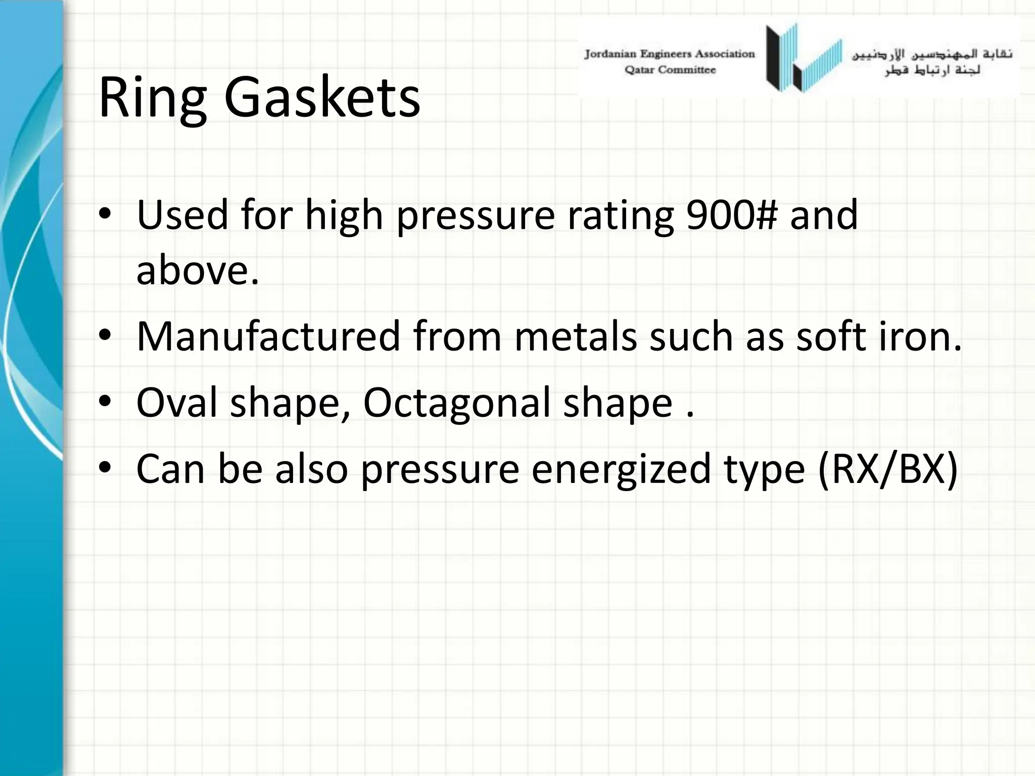 Ring Gaskets
• Used for high pressure rating 900# and
above.
• Manufactured from metals such as soft iron.
• Oval shape, Octagonal shape .
• Can be also pressure energized type (RX/BX)
 