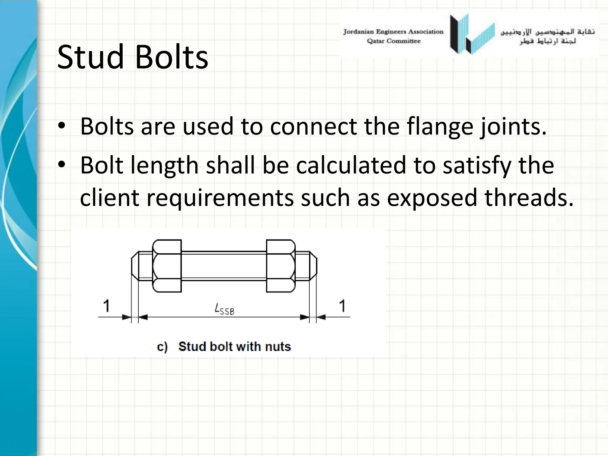 Stud Bolts
• Bolts are used to connect the flange joints.
• Bolt length shall be calculated to satisfy the
client requirements such as exposed threads.
 
