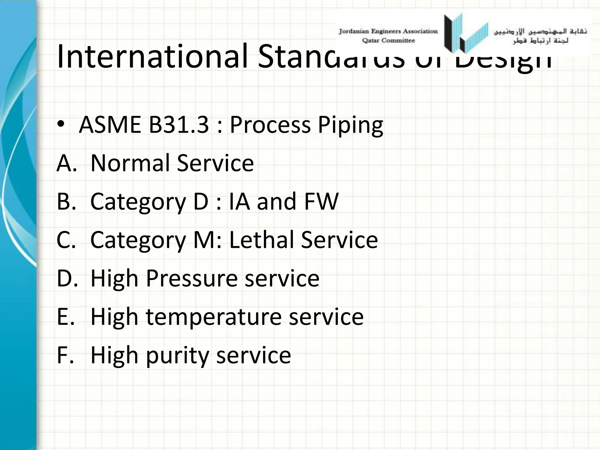 International Standards of Design
• ASME B31.3 : Process Piping
A. Normal Service
B. Category D : IA and FW
C. Category M: Lethal Service
D. High Pressure service
E. High temperature service
F. High purity service
 
